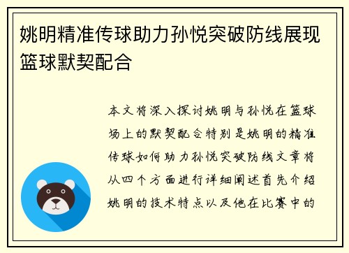 姚明精准传球助力孙悦突破防线展现篮球默契配合