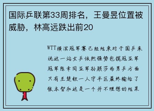 国际乒联第33周排名，王曼昱位置被威胁，林高远跌出前20